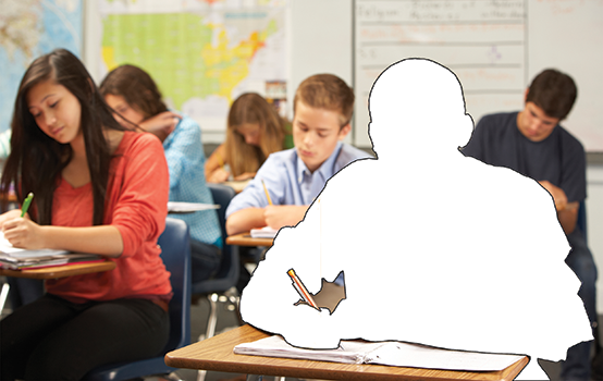 Students in a classroom with one student cut out of the photo indicating that they are not there